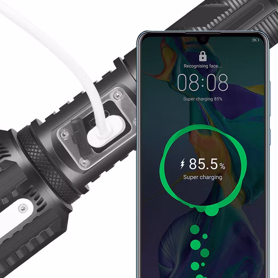 Función de banco de energía Zoom telescópico Tipo-C Carga USB Linterna brillante fuerte Resistencia larga